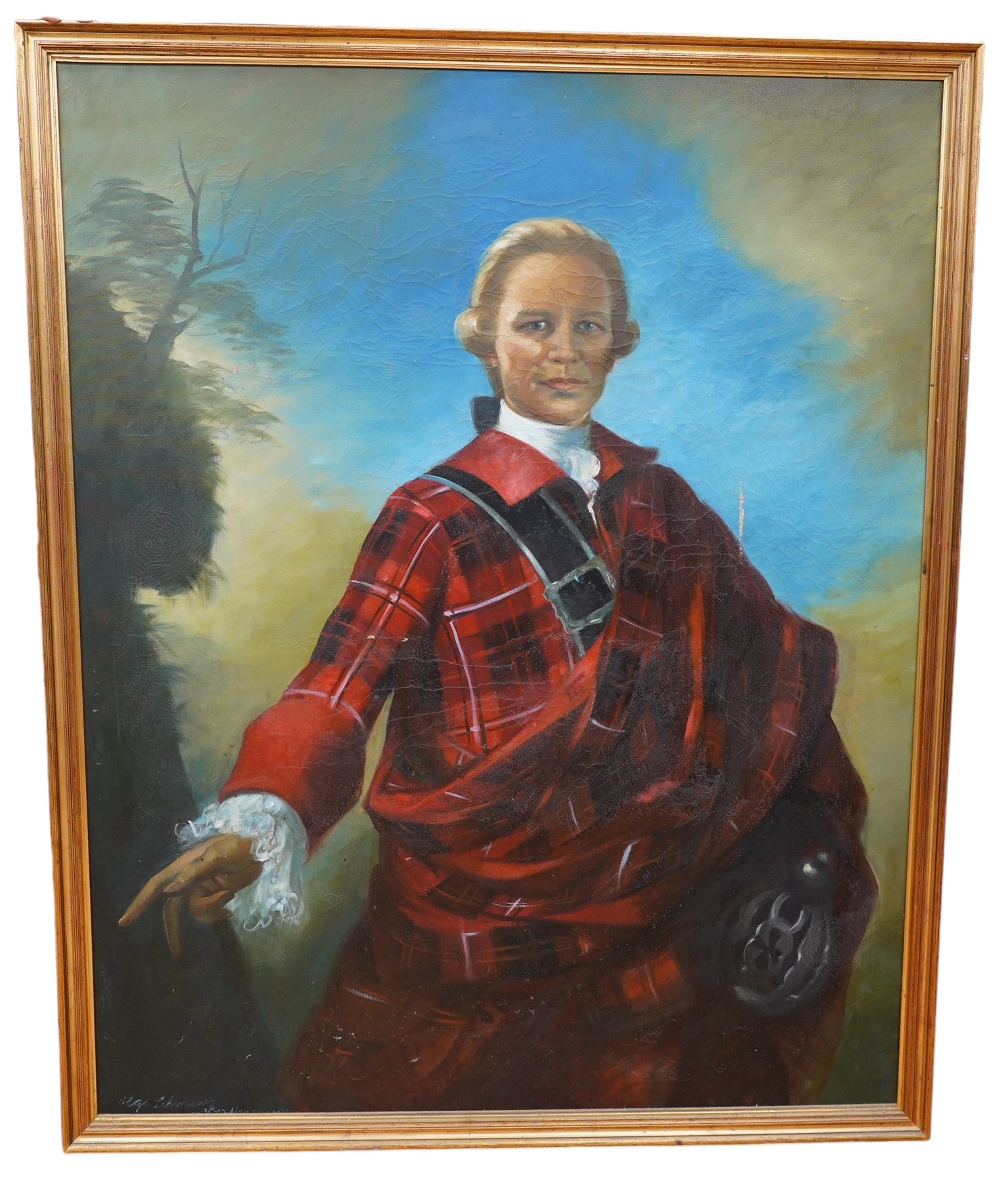 A large decorative oil on canvas, Half-length portrait of a Scottish highlander, 125 x 99cm. Condition - poor to fair